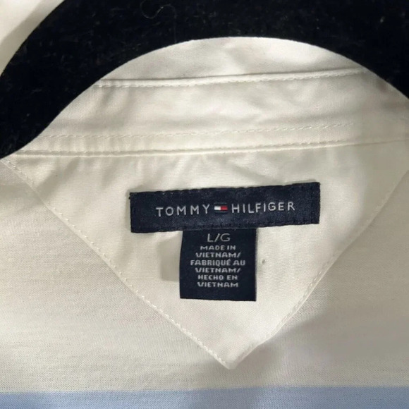 Tommy Hilfiger Blouse Women's Large White Blue Striped 1/2 Button Short Sleeve - Picture 5 of 12